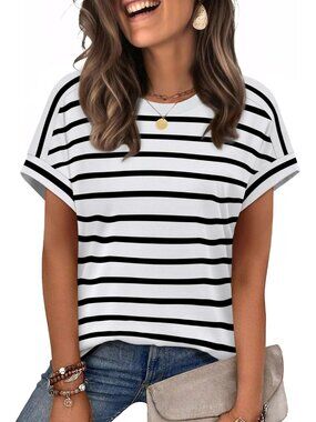 Women's White & Black Striped Crewneck Short Sleeve Loose Fit Summer Shirt